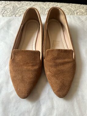 Suede Pointed-Toe Flat Loafer in Brown
